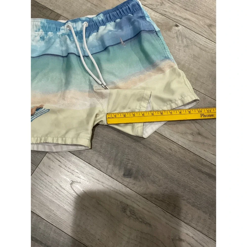 Abercrombie & Fitch Mens Beach Scene Print Swim Trunks Blue Tan Medium 5‎ Inch